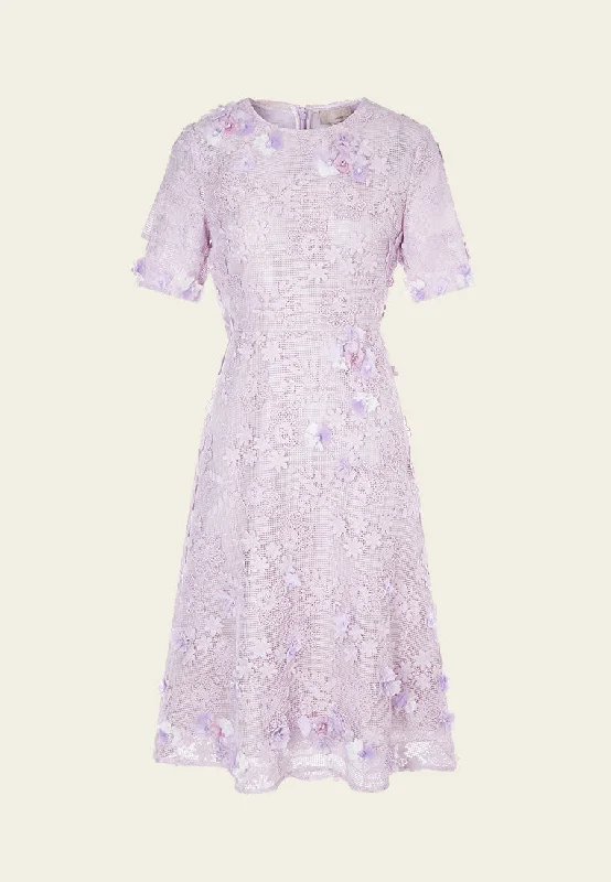 Lilac Round Neck Lace Midi Dress