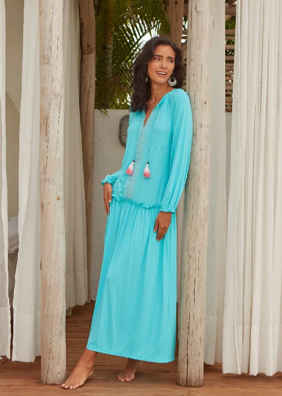 Aqua Embroidered Tunic Maxi Dress