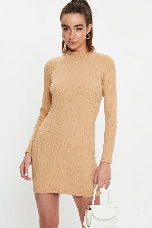 Beige Ribbed Bodycon Dress