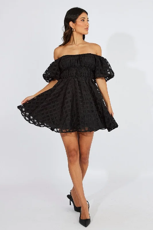 Black Fit And Flare Dress Puff Sleeve Mini