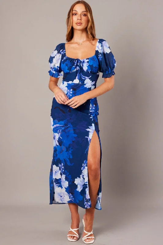 Blue Floral Midi Dress Puff Sleeve