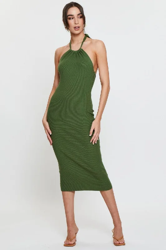 Green Knit Dress Midi Halter Neck