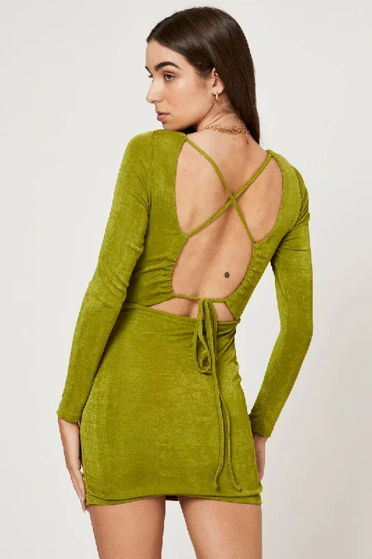 Green Strappy Tie Back Ruched Slinky Jersey Bodycon Dress