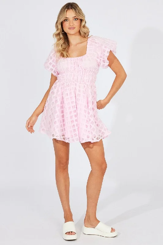 Pink Fit And Flare Dress Puff Sleeve Mini