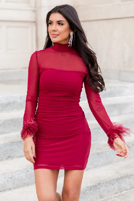 Ready Or Not Wine Mesh Long Sleeve Fur Trim Mini Dress FINAL SALE