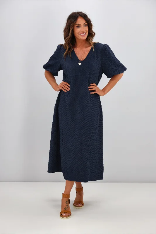 Shine On Label Adelaide Puff Sleeve Textured Midi Dress Ink