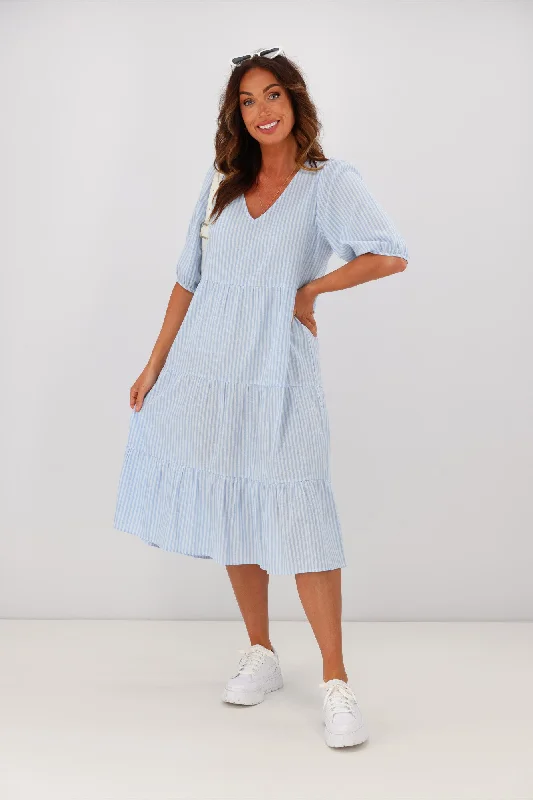 Shine On Label Dahlia Tiered Midi Dress Blue Stripe