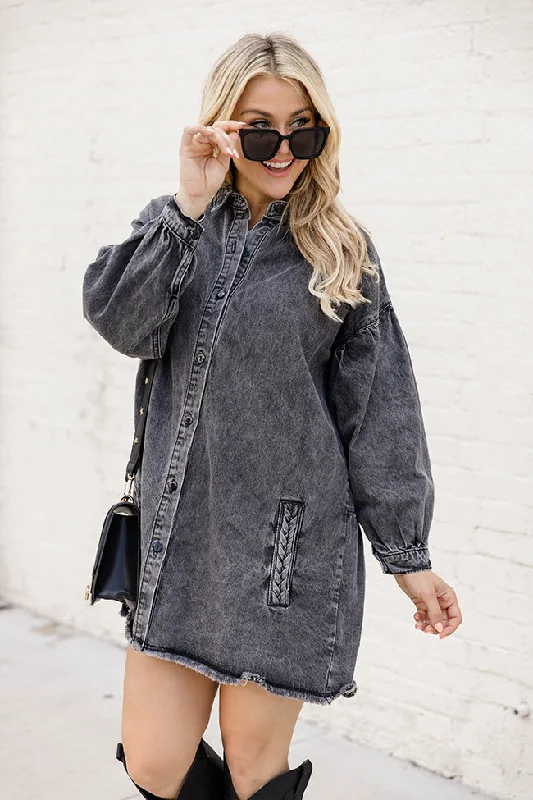 Start Looking Charcoal Chambray Long Sleeve Mini Dress FINAL SALE