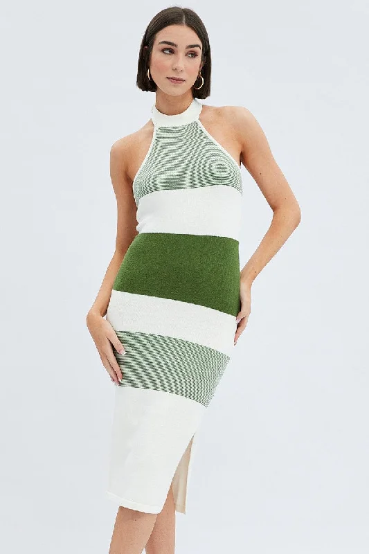 Stripe Knit Dress Evening Midi