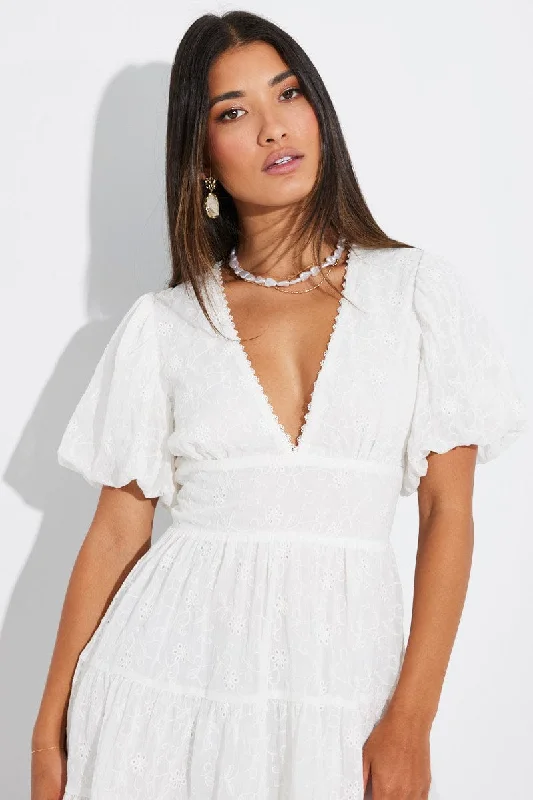 White Fit And Flare Dress Puff Sleeve Mini