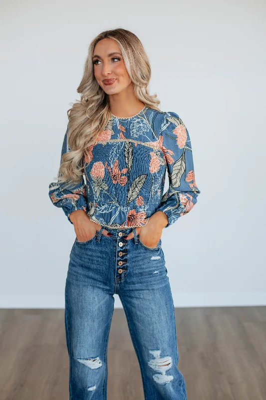 Nemara Floral Top - Steel Blue