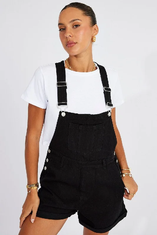 Black Short Denim Overalls