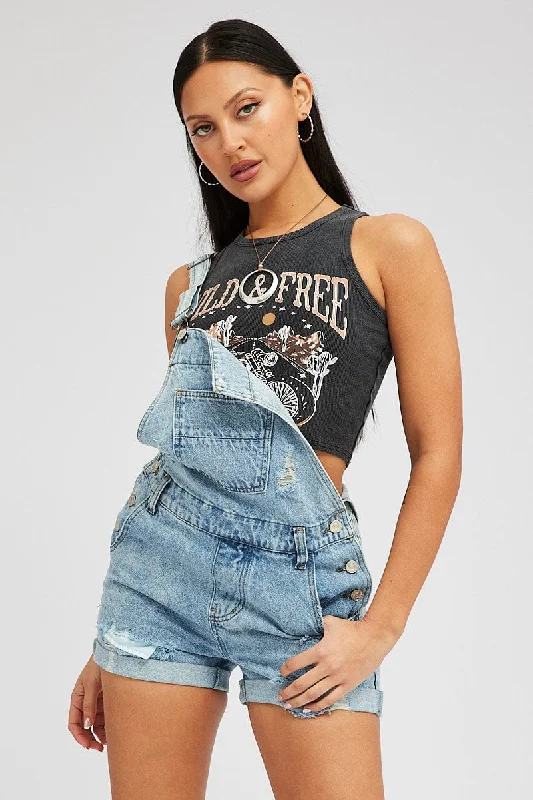 Denim Short Overalls Ripped