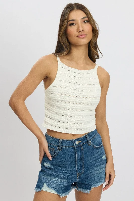 White Crochet Knit Tank Top