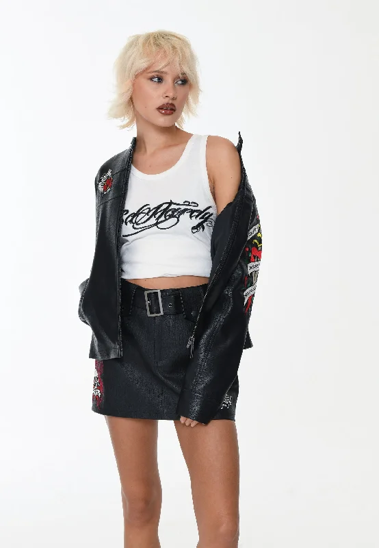 Womens Death Or Glory Vegan Leather Mini Skirt  - Black