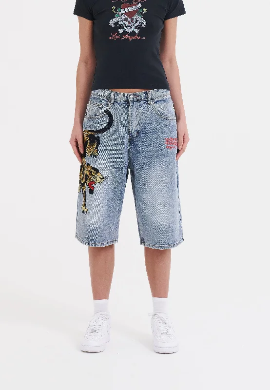 Womens Panther Crawl Relaxed Denim Jorts Shorts - Bleach