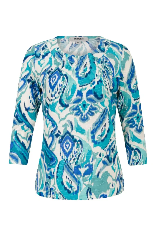 3/4 sleeve Top with neckline gather | Sage Blues Abstract | 9121A1