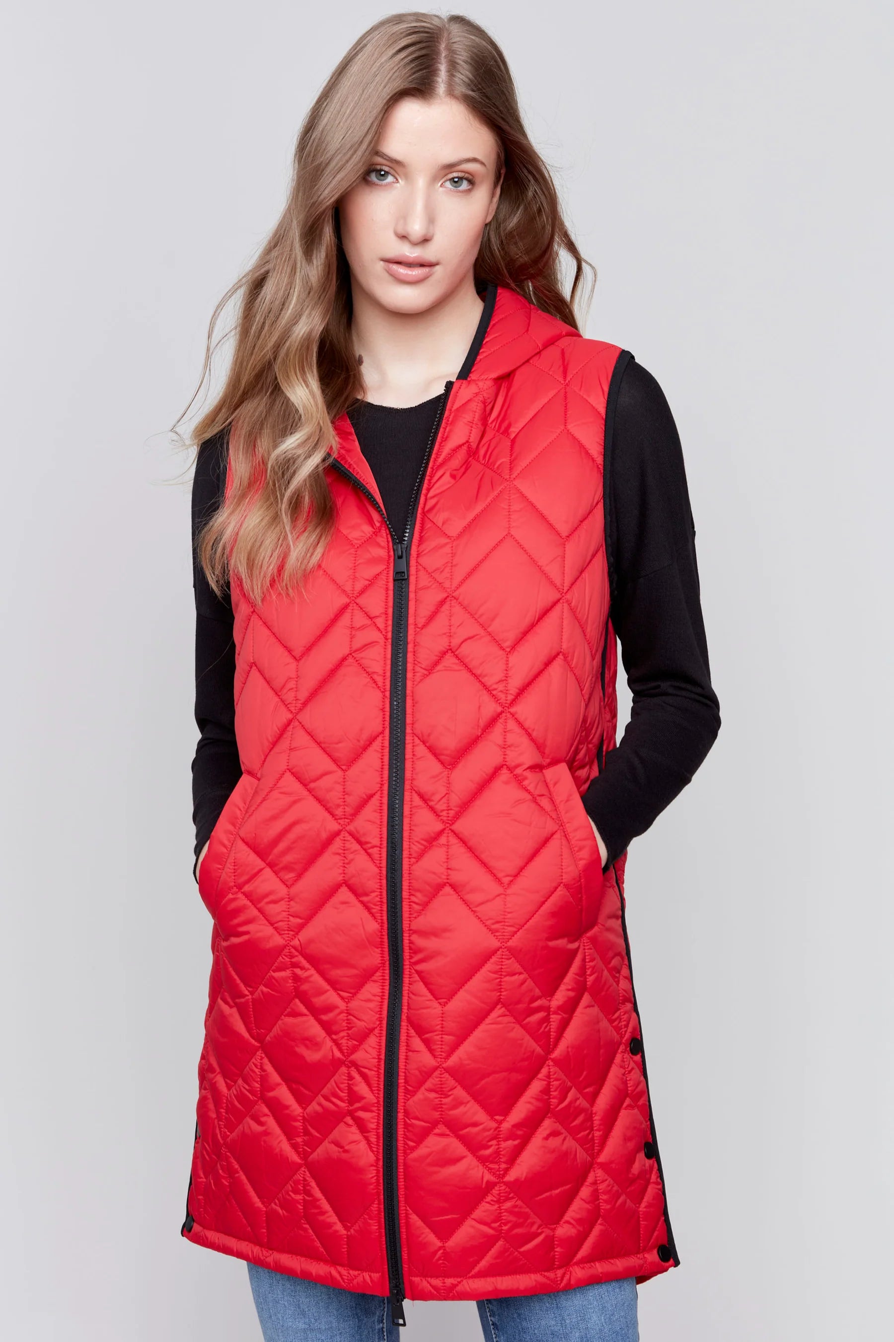 Charlie B Hooded Long Sleeveless Quilted Vest - C6323 - 388B