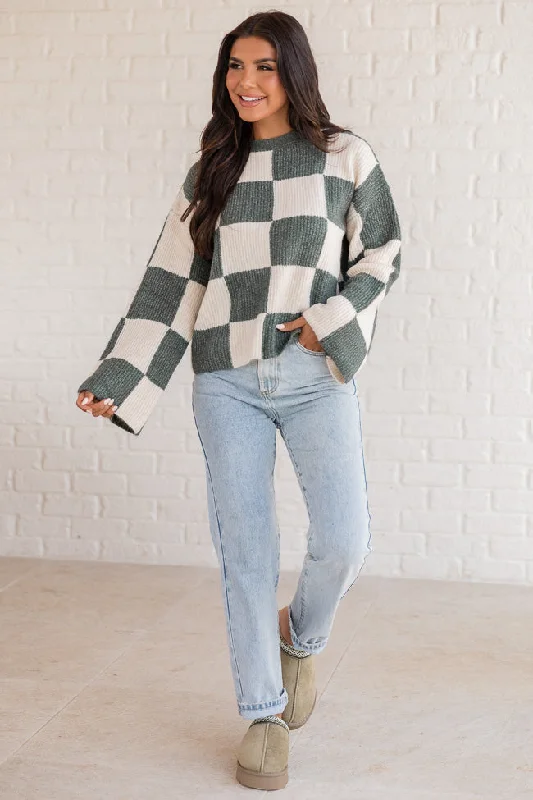 Best Behavior Green Checkered Crew Neck Sweater