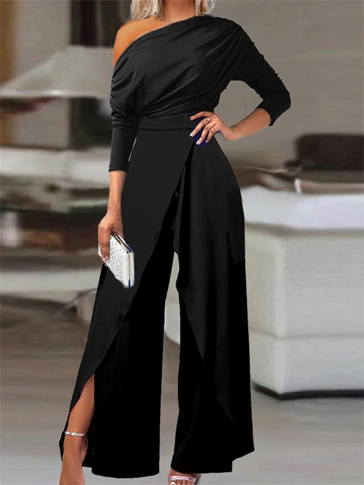 Women's One Shoulder Asymmetrical Ruffled Fashion Designer Jumpsuits