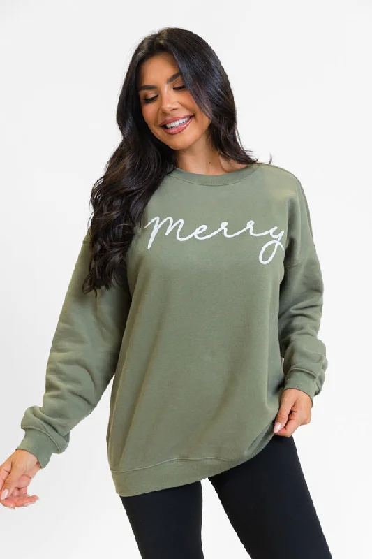 Merry Script Olive Oversized Graphic Sweatshirt