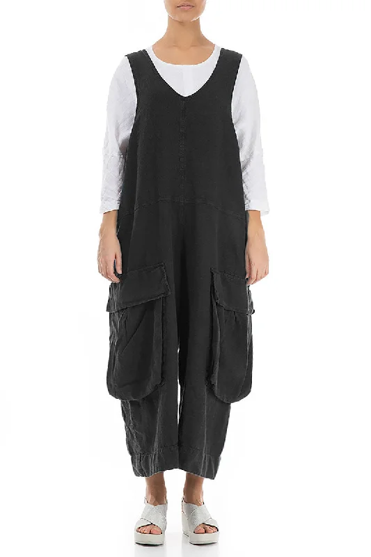 Wide Loose Black Linen Jumpsuit