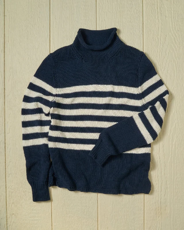 Women's Fisherman's Sweater in Navy/Egret Breton Stripe